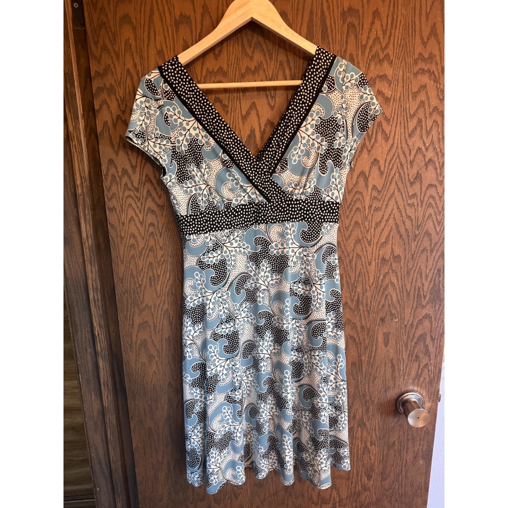 Maggy London Petites Blue Paisley Polka Dot Faux Wrap Dress 6P Short Sleeve Knit